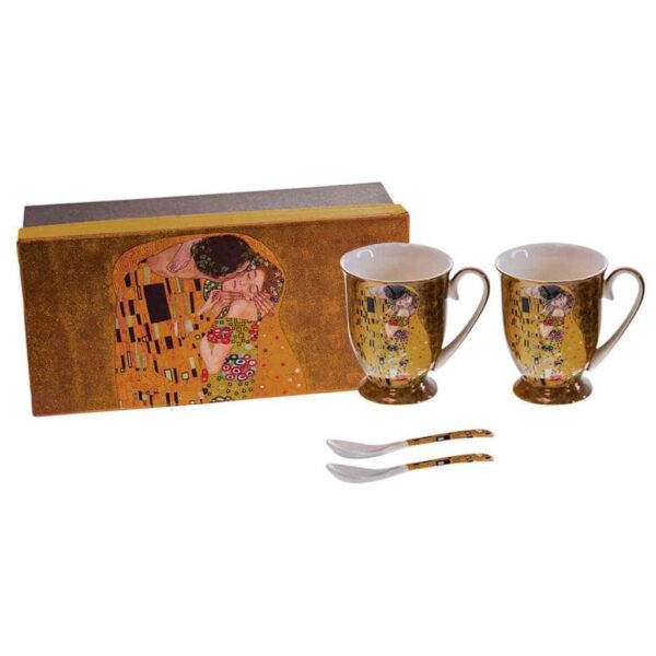Set of tea cups from the Kiss series on a golden background