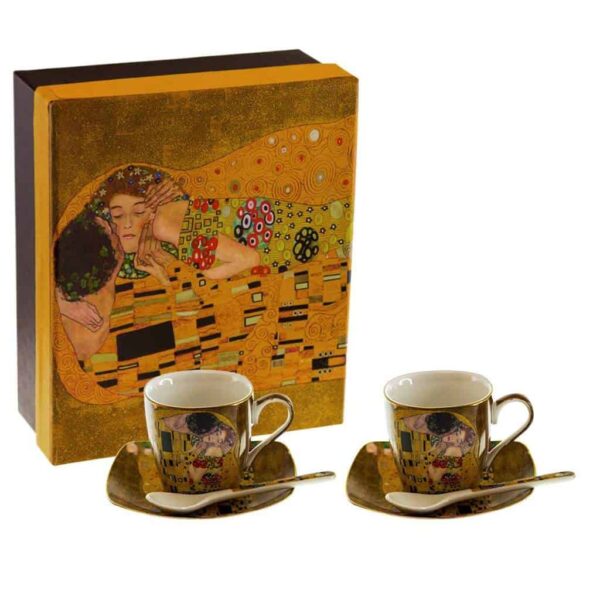 Coffee cups set from The Kiss series on a gold background