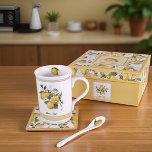 Gift Cup with Spoon and Coaster – Lemon Garden | Ceramic | 1 pc