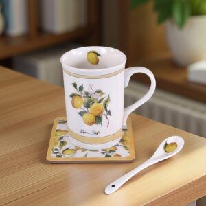 Gift Cup with Spoon and Coaster – Lemon Garden | Ceramic | 1 pc