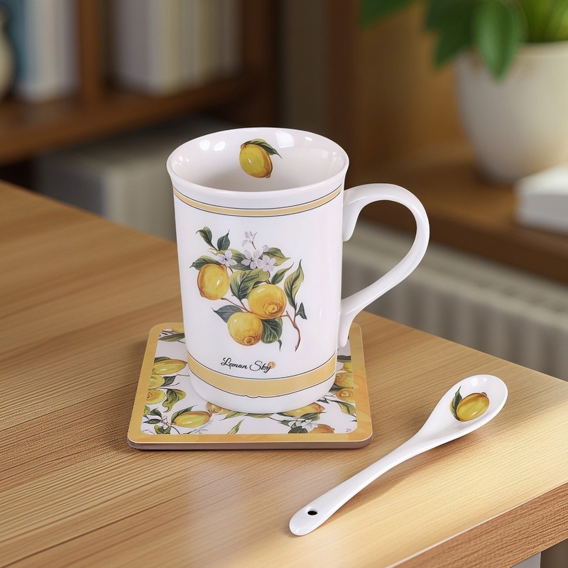Gift Cup with Spoon and Coaster – Lemon Garden | Ceramic | 1 pc